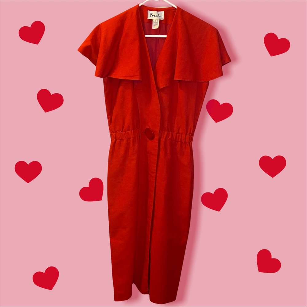 Vintage 1980s Branka bright red dress with oversized collar-29” waist